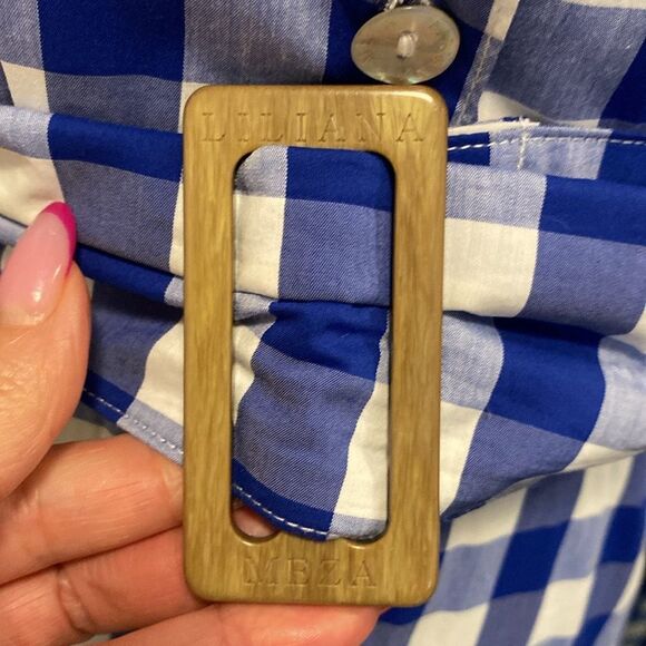 Liliana Meza Blue and White Plaid belted Midi Dress, S - Picture 6 of 11